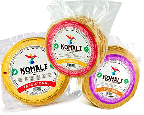 Gelbe Mais Tortillas Komali (Pack von 3) Tortilla Tradicional (15cm 500g), Placera (10cm 400g), Taquera (12cm 500g) Mexikanische traditionelle glutenfreie Tortilla de Maiz Cover