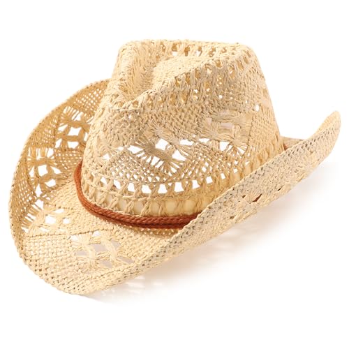 AQOKKA Straw Cowboy Hats for Women Men Western Cowgirl Hats with Shapeable Brim Woven Hollow Out Unisex Beach Roll Up Caps Beige