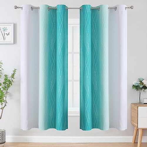Estelar Textiler Teal and Greyish White Ombre Blackout Curtains 72 Inches Length for Bedroom, Thermal Insulated Light Blocking Grommet Gradient Blackout Drapes for Living Room, 42Wx72L, 2 Panels