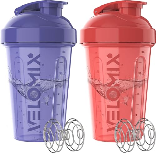 Image of VELOMIX -2 Pack- 20 oz Protein Shaker Bottles for Protein Mixes - 2x Wire Whisk | Leak Proof Shaker Cups for Protein Shakes and Pre Workout | Protein Shaker Bottle Pack (C1) Blush Storm