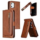  Luxus-Flip-Leder-Reißverschluss-Mappenhülle für iPhone 14 13 12 11 Pro Max XS XR X SE 2022 8 7 6S 6 Plus-Karte, Braun, für iPhone 11