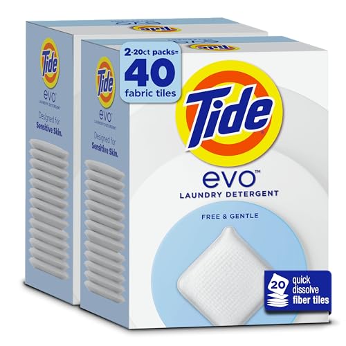 Tide evo Free & Gentle Tiles Fragrance-Free Hypoallergenic Laundry Detergent Fiber Tiles for Sensitive Skin Works on 100% of Common Stains Safe for All Machines and Water Conditions, 40 Count