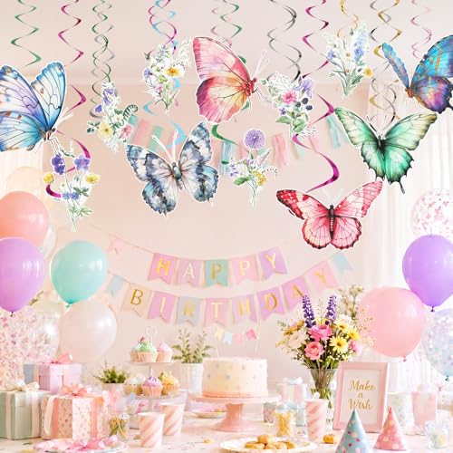 Image of 36 Pcs Wildflower Butterfly Hanging Swirl Decoration Wildflower Ceiling Hanging Streamer Large Paper Floral Butterfly Birthady Decor for Women Tea Party Wedding Garden Baby Shower Supplies