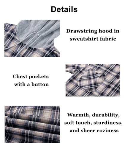 Image of Hooded Flannel Shirts for Men Plaid Long Sleeve Flannel Jacket Hoodies | Button-Down, Lightweight Coat, Classic Plaid Shirts with Hood, Flannel Hoodies with Pocket