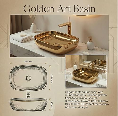 Image of BASSINO 18x13x5.5 Inches Table Top Washbasin /1 Year Warranty /Ceramic Wash Basin for Bathroom /Rectangular Counter Top Wash Basin for Restaurant /Dining Hall /Living Room /Tabletop Sink(Glossy Golden)