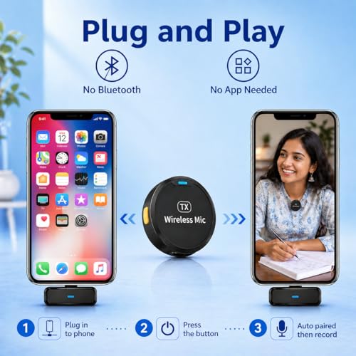 Image of 2-in-1 Wireless Microphone for Vlogging, YouTube, Reels, Online Classes, Interviews, Magnetic Collar Clip, 360 Sound Capture, 40M Range, 6Hr Battery, iOS Android, DSLR Type C (M1 Dual)