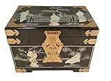 Large Black Lacquer Oriental Jewelry Box Inlaid with Mother of Pearl, Mirror and Silk Lined