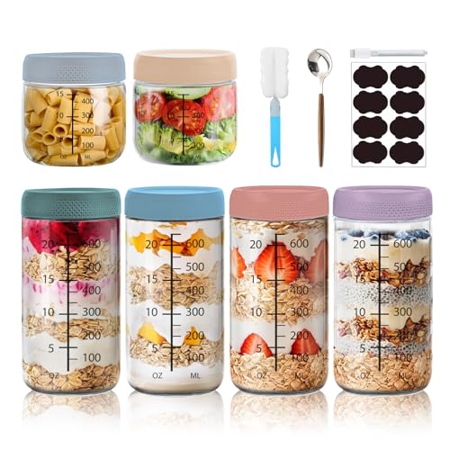 6 Stück Einmachgläser (4PCS × 750ml＋ 2PCS × 500ml), Meal Prep Gläser mit Löffel, Overnight Oats Gläser mit Reinigungsbürste, Vorratsgläser mit Deckel, für Overnight Oats, Salat, Joghurt, Porridge