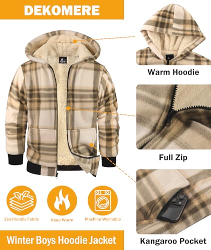 Image of Boys Zip Up Hoodies Fleece Plaid Jacket Kids Hooded Sweatshirts Sherpa Lined Coat