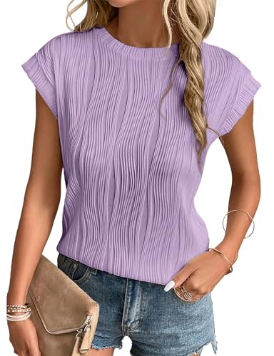 Gemulate Women's Blouse t-Shirts Short Sleeve Blouses Casual Round Neck Tshirts Tees for Women Ladies Knit Plain Party Tunic Tops Light Purple XL