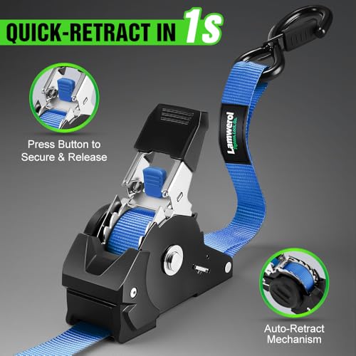 Image of Retractable Ratchet Straps (4-Pack) - 1 Inch x 10 Feet (1,650lb Break Strength) - Heavy Duty Auto Self Retracting Tie Down Straps for Motorcycle, ATV, UTV, Truck, Cargo Trailer - Blue