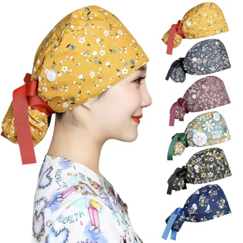 OP-Hauben für Damen, Satin-gefüttert, verstellbar, mit Knöpfen, Schweißband, Pferdeschwanz, Arbeitskappe mit Raffhalter, 4 Stück, Lebendiges Muster, 2-8