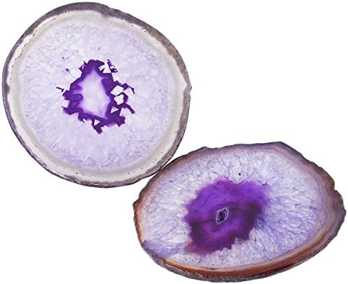 Shanxing Natural Agate Slice Geode Stone Coasters for Drinks, Crystal Quartz Cup Mats Coasters 3"-3.9" Sets of 2, Dyed Purple