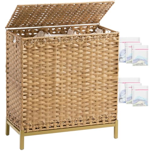 SETVSON Laundry Hamper with Lid 132 L, (35 Gallons) Clothes Hamper with Lid, Handwoven Rattan Laundry Hamper with Metal Heightened Feet, Laundry Hampers with 3 Removable Liner Bags for Laundry-Natural by SETVSON - Used condition - CA$76.46