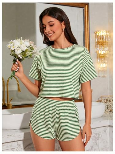 Image of OYOANGLE Womens Pajama Sets 2 Piece Sexy Lounge Sets Summer Cute Pjs Striped Print Tee and Side Split Shorts Set