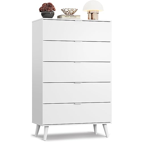 WLIVE 5 Drawer Dresser for Bedroom, Tall Wood Dresser, White Dressers Storage Organizer with Sturdy Metal Handle, Chest of Drawers for Living Room, Hallway, Closet