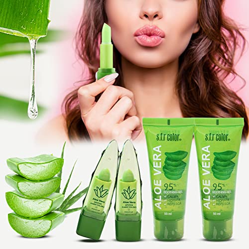 Dealplusdeal Aloe Vera 2 Pieces Magic Colors Changing Moisturizing Lipstick And 2 Pieces Aloe Vera Soothing Gel For Skin Hair Face Set #TOP7