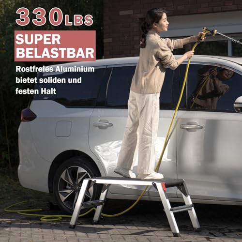 XinSunho Alu Arbeitsplattform, Klappbare Stufenleiter bis 150 kg, Klappleiter mit Sicherheitsschlössern, rutschfeste Trittfläche, Trittleiter, Pro Work Plattform Leiter für Haus & Werkstatt