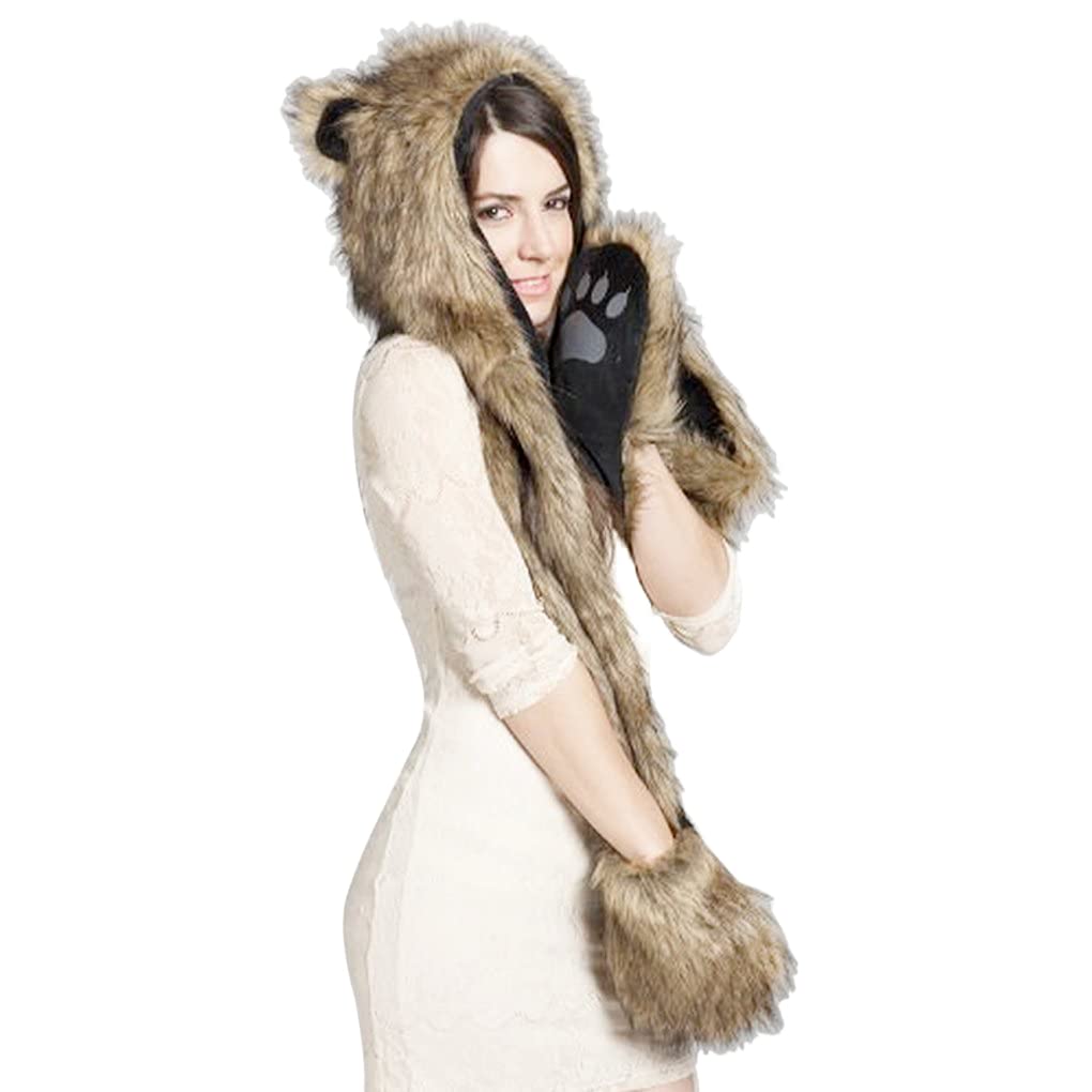 Winter Animal Hat Faux Fur Hooded Scarf Cute Furry Ears Paw Gloves Pocket Hoodie Beanie Cap Party Costume for Women Girls