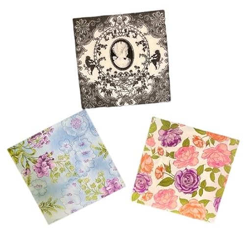 ペーパーナプキン 3種類 各5枚入 15枚入 紙ナプキン デコパージュ素材 アソート ハンドメイド カメオ風 アンティーク調 ブラック フラワー 花柄 薔薇 ローズ ピンク パープル ラベンダー