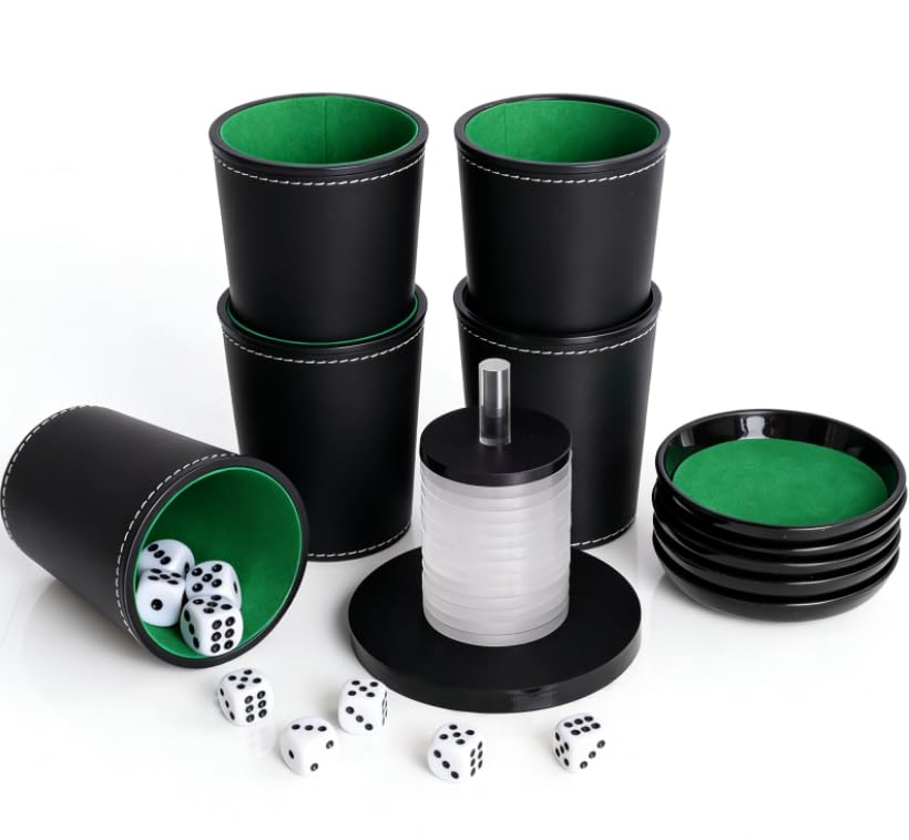 Schocken Set Komplett mit 5 Würfelbecher Leder mit Deckel 25 Würfeln Schockbesteck mit 14 Acryl-Scheiben und Ständer Schocken Würfelspiel Set für Jule Meiern Maxen Mörkeln