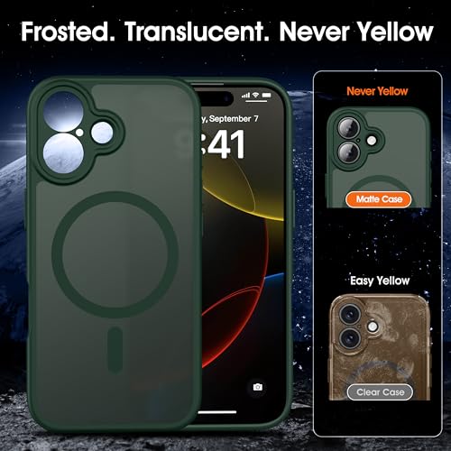 Image of Oterkin Magnetic for iPhone 17 Case Matte,Upgraded Full Camera Protection Compatible with MagSafe Frosted Translucent Shockproof Anti-Scratch Slim Fit Case Military Grade Protection (Dark Green)