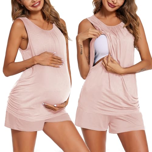 Image of Ekouaer Women Maternity Nursing Pajama Set Breastfeeding Double Layer Pregnancy Pjs Set Sleeveless Top & Shorts with Pockets