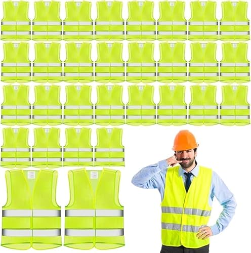 30 Stück Warnwesten mit hoher Sichtbarkeit, Reflektierende Sicherheitswesten, Mesh-Konstruktionswesten, Hi-Vis-Jacken für Männer Frauen Freiwillige Vermessung Straßenarbeit Radfahren Laufen Neonfarben