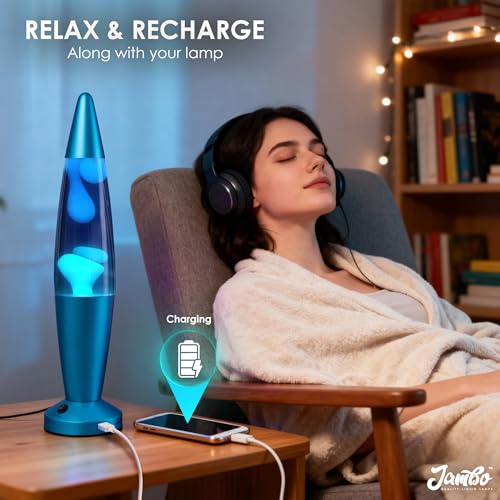 Image of JAMBO Beautiful Liquid Lamp with USB Ports,16 inch Motion Light with Blue Liquid White Wax, Relaxing Nightlight, Mood Light for Bedroom, Living Room, Office - Adults, Teens, Kids