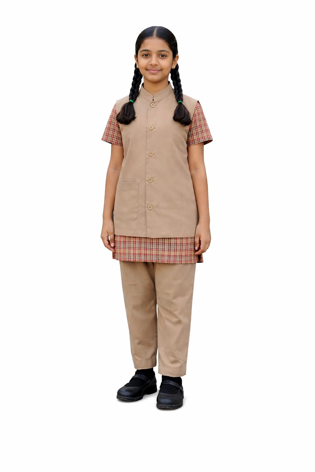 Premium Quality Girls School Uniform Set (Beige & Multicolor Checkered) with Chinese Collar Coat, Soft Checkered Shirt & Pants | Comfortable Regular Fit | Durable Stitching | Easy Care Fabric