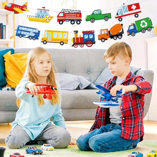Image of Hooqict Happy Birthday Banner Transportation Birthday Decorations Car Train Truck Bus Plane Ship Traffic Party Banner Garland Sign for Kids Boys 1st 2nd 3rd Transportation Vehicle Theme Birthday Party Supplies