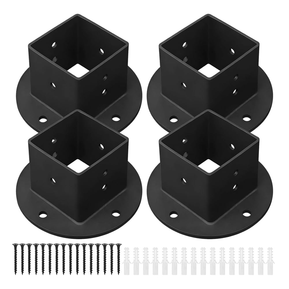 Jnchdghwa Black Deck Fence Rail 2X2 Floor Mount Brackets(4 Pcs), Heavy Duty Metal Square Post Flange Base Anchors