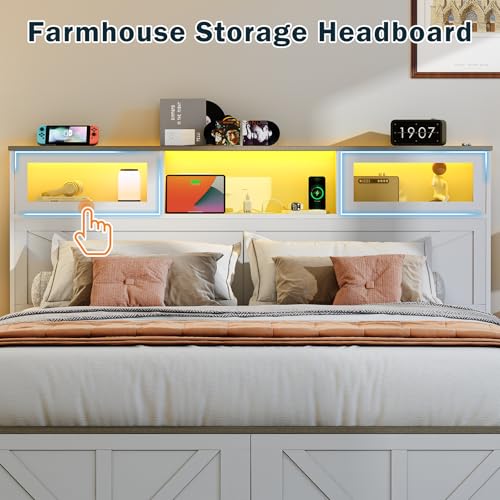 Image of Yoobure Farmhouse Queen Bed Frame with Headboard - Bed Frame Queen Size with Charging Station & LED Lights, Wood Bedframe Queen-Size with 2 Storage Drawer, Platform Beds, No Box Spring Needed, White