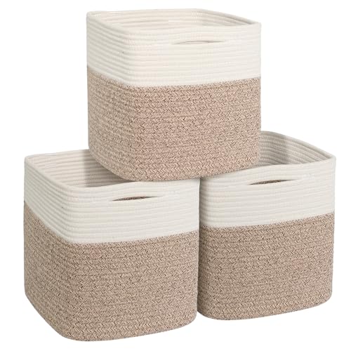 WILLITAT 11x11 Cube Storage Bin - 3 Pack Woven Storage Cubes Organizer, 11 Inch Cotton Rope Baskets for Organizing, Square Baskets for Shelves, Baby...