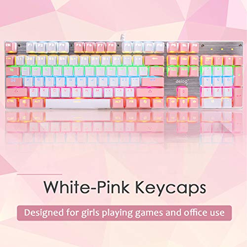 Tastiera meccanica di gioco cablata Switch blu 104 tasti LED RGB 9 Modalità di retroilluminazione Pannello metallico anti-ghosting Layout ergonomico di chiavi USB per giocatori For game Typist (Rosa)