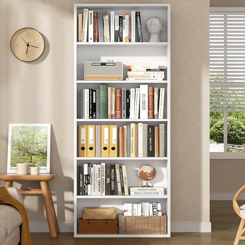 Image of Shintenchi Bookshelf,6-Tier Open Bookcase and Bookshelves,6 Shelf Display Storage Shelves Floor Standing 70.6 inches Tall Bookcase for Home Office, Living Room (White)