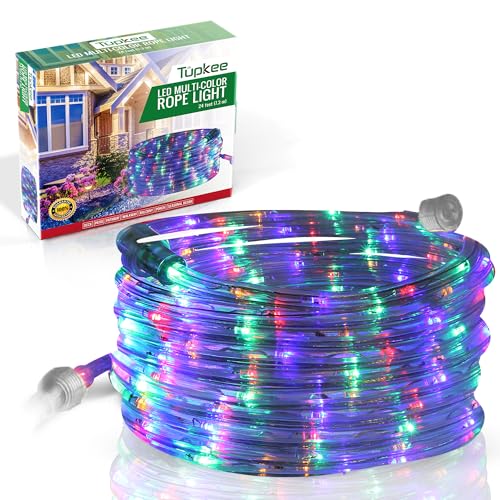 Tupkee LED Rope Light Multi-Color - for Indoor and Outdoor use, 24 Feet (7.3 m) - 10MM Diameter - 144 LED Long Life Bulbs Rope Tube Lights