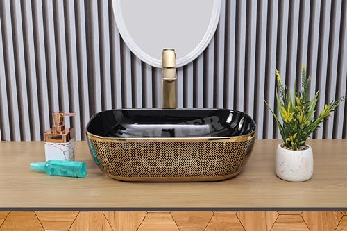 Image of CLUSTER Designer Glossy Ceramic Table Top | Wash Basin For Bathroom And Livingroom And Resturant Decor, Black And Golden, 18x13x5 Inch