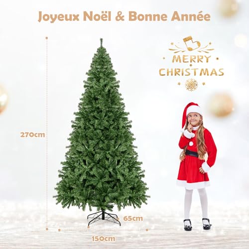 GYMAX Sapin de Noël Artificiel 270cm, avec 2132 Branches Denses & Support en Métal, Arbre Vert Décoratif en PVC, pour Maison, Magasin, Inérieur, Extérieur – vue 7