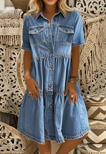 chouyatou Women Summer Casual Button Down Midi Denim Shirt Dress Cute Distressed Tiered Ruffle Jean Dress2