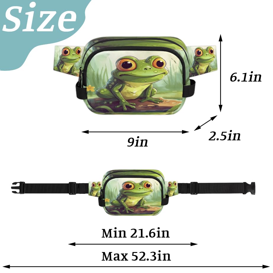 Cute Watercolor Frog Pond Waterproof Fanny Pack for Women Men Adjustable Waist Bag with Double Zipper Pockets Lightweight Square Hip Pack for Running Travel Hiking Workout Cycling