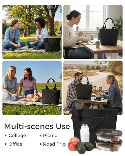 Image of Gloppie Black Lunch Bag for Women Insulated Leakproof Cooler Lunch Tote | 3-Layer Thermal Liner,Keeps Meals Cool Fresh In Summer, Reusable Food-Grade Leakproof Liner, Fits 10 Cans, Easy to Clean