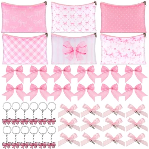48 Pcs Pink Bow Party Favors Included Coquette Makeup Bags Keychains Pink Bows Hair Clips Coquette Birthday Party Gifts Bulk for Women Bestie Coworker