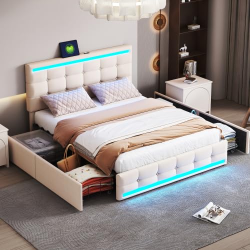 DHWDS Cama tapizada de 140 x 200 cm con carga rápida USB-C e iluminación LED RGB, moderna cama de plataforma con 4 cajones integrados y espacio de almacenamiento, capacidad de carga de 350 kg