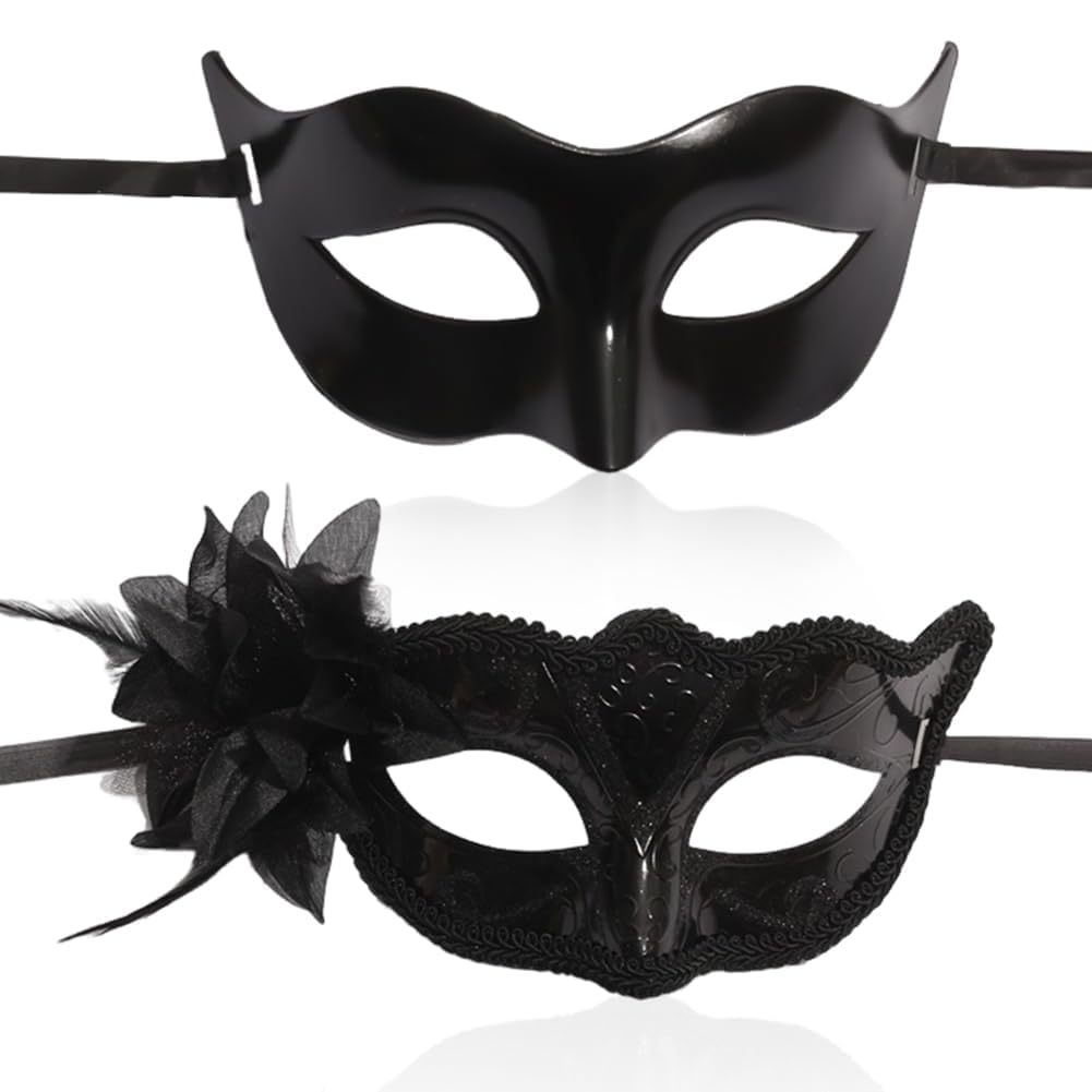 Spiritzohic Masquerade Mask, 2PCS Venetian Mask for Men Women Masquerade Masks for Couples Party Half Face Carnival Masks Cosplay Costume Masque for Fancy Dress Ball,Carnival Party,Masked Ball(Black)