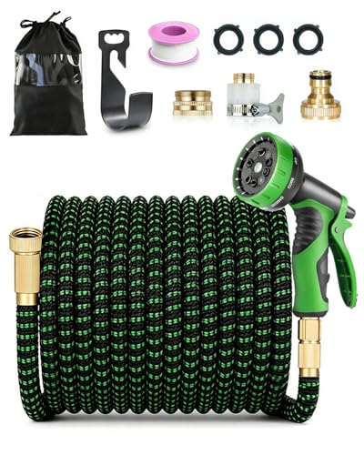 Expandable Garden Hose Pipe 100FT/30M, Flexible Water Hose with 10-Pattern Spray Nozzle, 1/2" & 3/4" Connectors, 4-Layer Latex Core for Garden Watering, Car Washing & Outdoor Cleaning, Green & Black