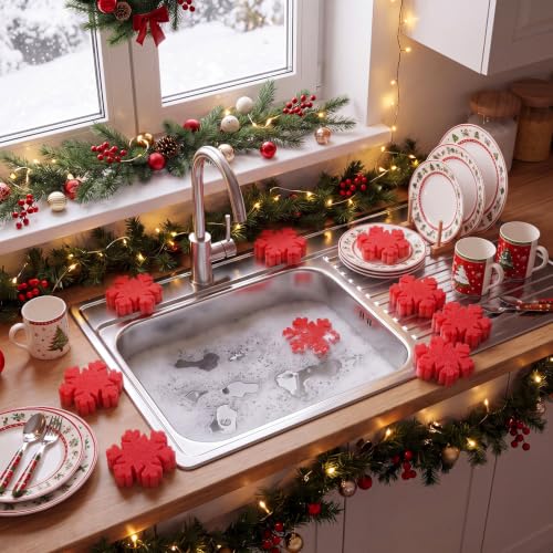 Image of Tioncy 12 Pack Red Snowflakes Kitchen Sponges Bulk Dual Sided Scrubber Sponges Dishwashing Kitchen Cleaning Accessories for Household Supplies(3.54 x 3.54 x 0.98 Inches)