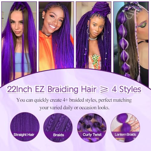 Purple Braiding Hair Pre Stretched 22Inch 90g/Pack Synthetic Hair Extensions for Braids Long Straight Crochet Hair for Stage Party Halloween Costume Cosplay (4 Packs, Purple) — view 6