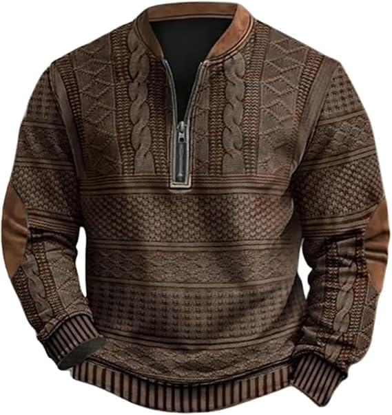 Western Sweatshirts Substantial Men's Vintage Stand Collar Knit Print Zip-Up Sweatshirt,Casual Jackets for Men
