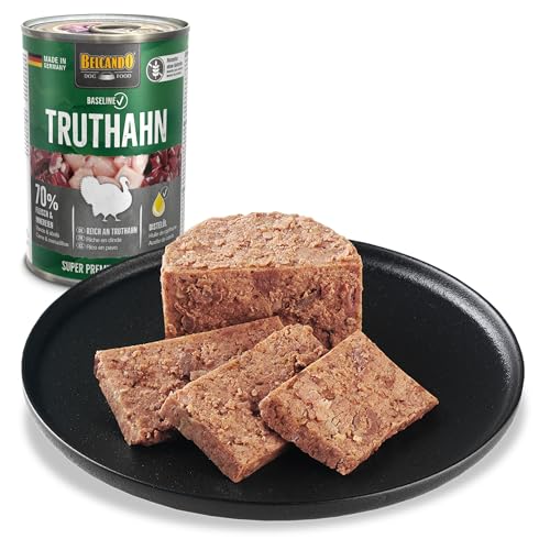 BELCANDO Baseline Nassfutter für Hunde, Truthahn, 6X 800g Dose, 70% Fleisch für ausgewachsene Hunde, Hundefutter nass ohne Getreide, Made in Germany